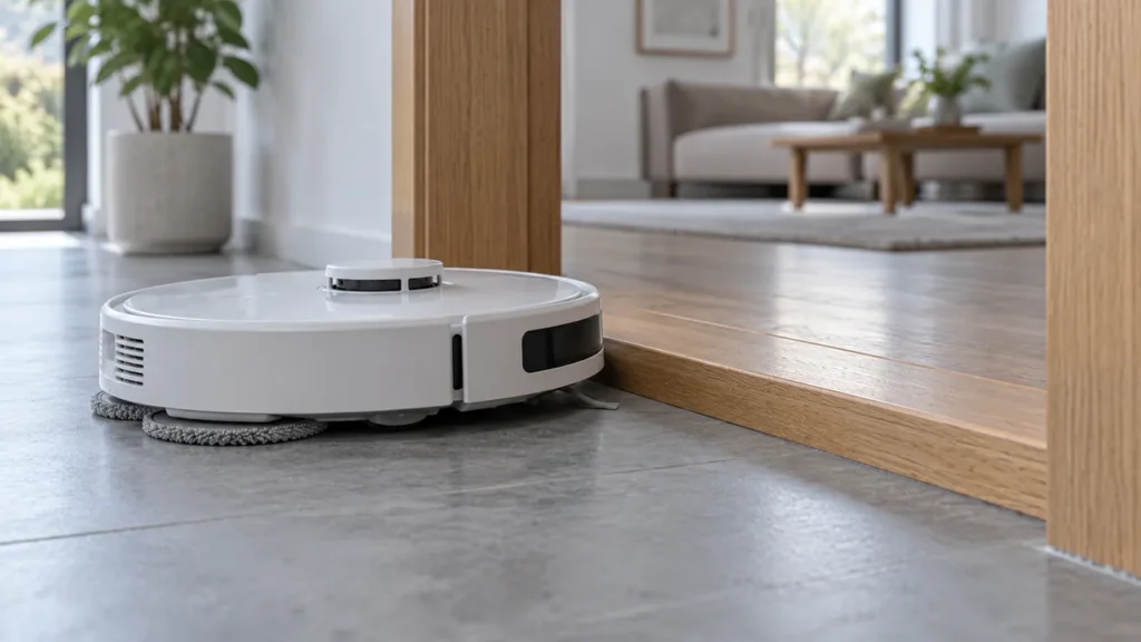 Robot vacuum stopped beside a raised doorway threshold on a hard floor