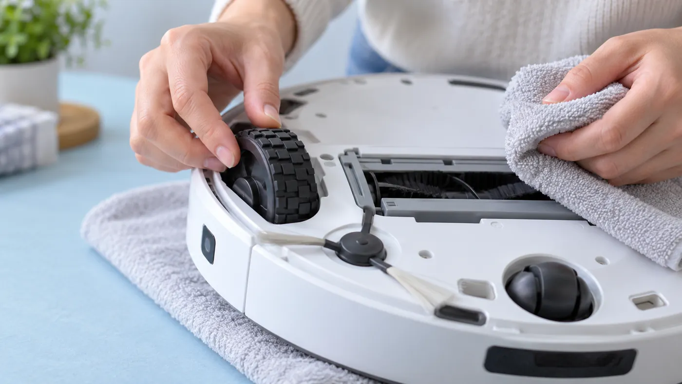 Hands checking an accessible robot vacuum driving wheel with a dry cloth