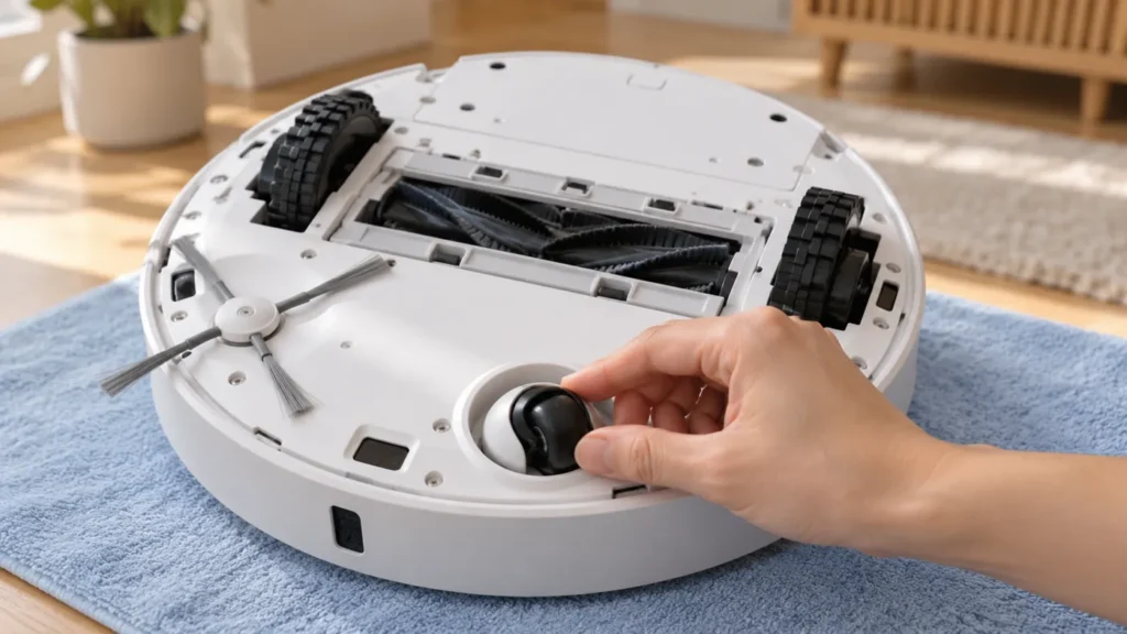 Hand inspecting a small robot vacuum caster wheel