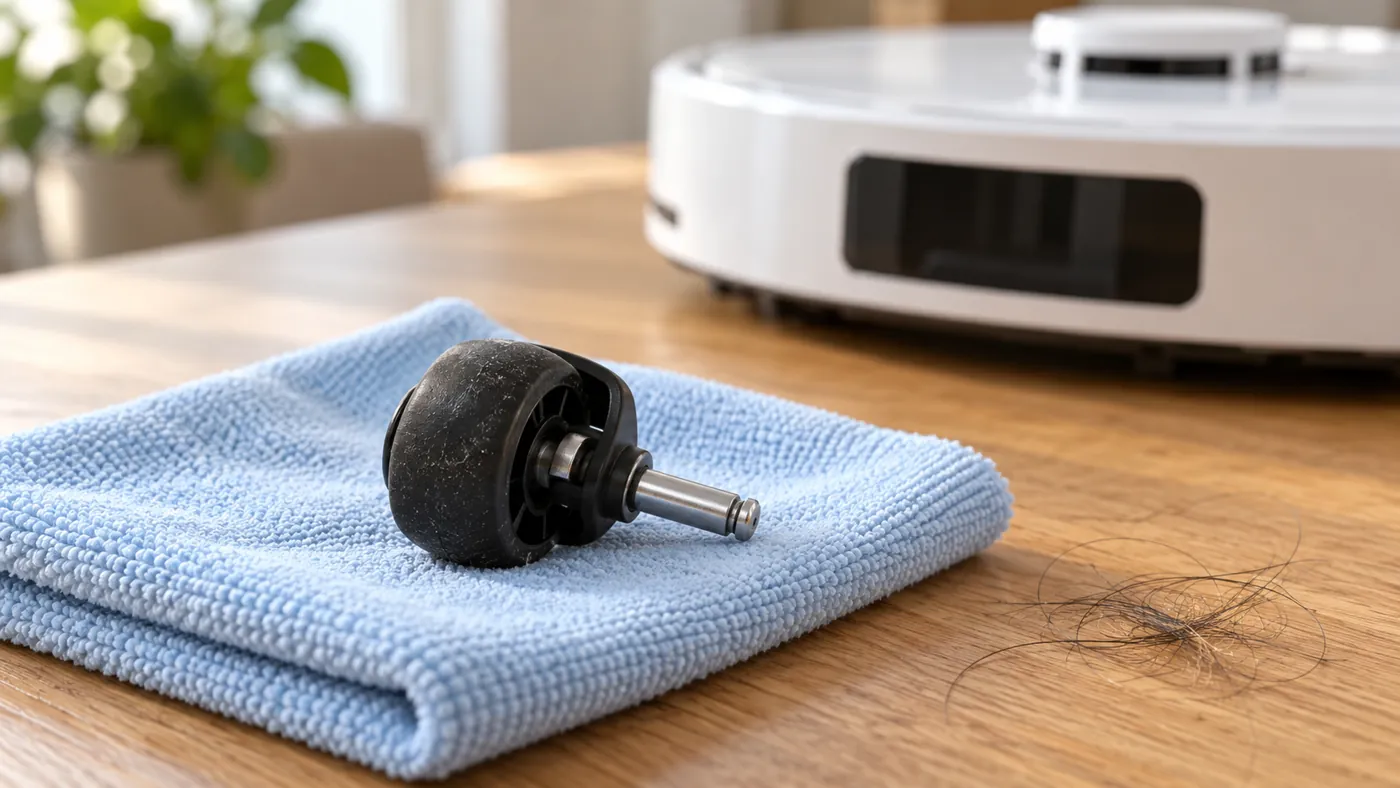 Dry small caster wheel and axle on a cloth