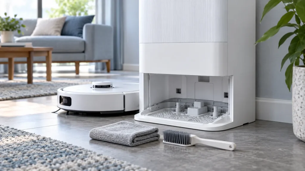 Robot vacuum station with cleaning brush and cloth beside its lower wash tray