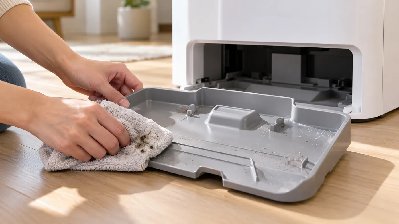 Hands wiping a shallow mop washing tray with a soft cloth