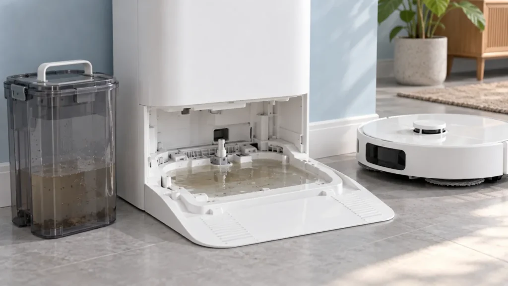 Illustrative robot mop station with water remaining in its washing tray