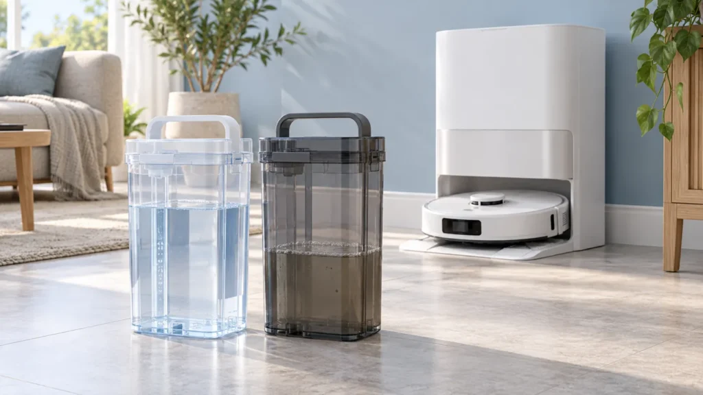 Illustrative robot mop station with clean and used water tanks