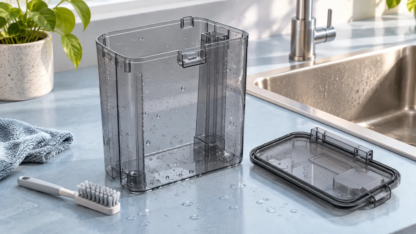 Illustrative empty used-water tank with lid and cleaning brush beside a sink