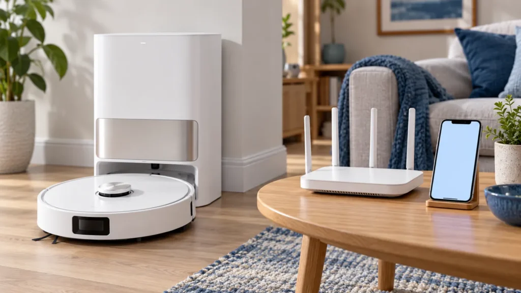 Robot vacuum and dock beside a wireless router and phone