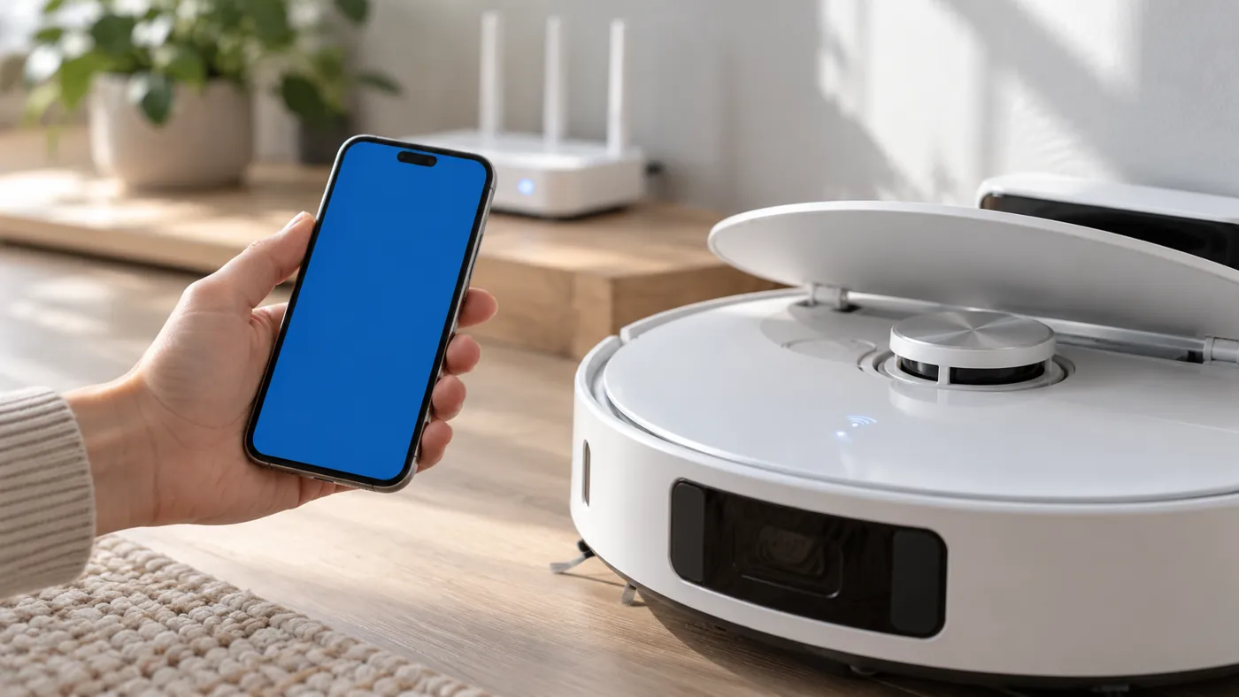 Phone beside a robot vacuum during wireless setup
