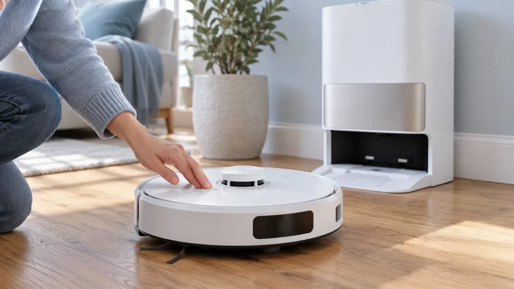 Hand pressing a robot vacuum control away from its dock