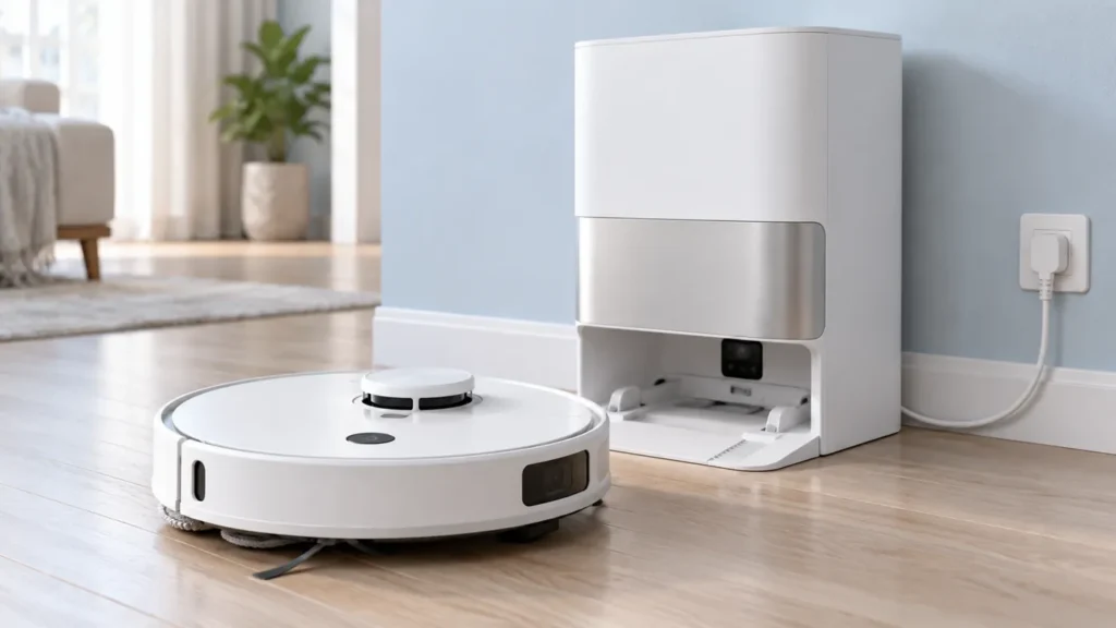 Illustrative unlit robot vacuum beside a powered docking station