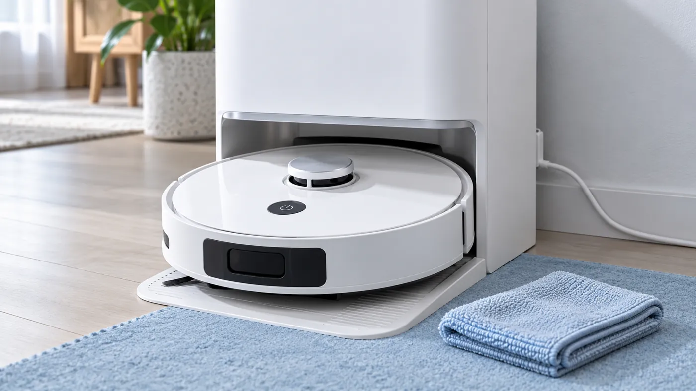 Illustrative docked robot vacuum power button and dry microfiber cloth