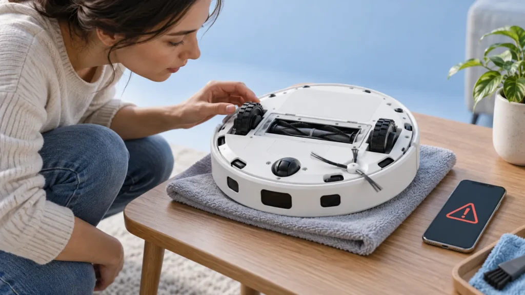 Illustration of inspecting the underside of a powered-off robot vacuum