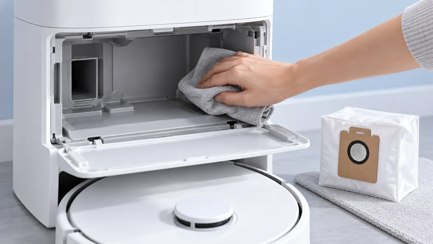 Illustration of wiping an accessible dust collection compartment with a dry cloth