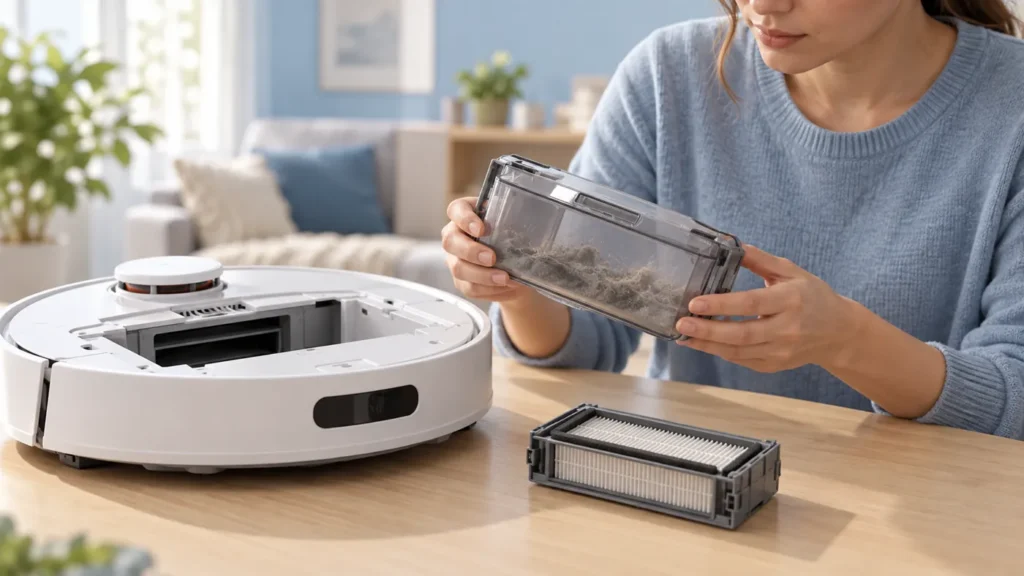 Illustration of inspecting a removed robot vacuum dust bin and filter
