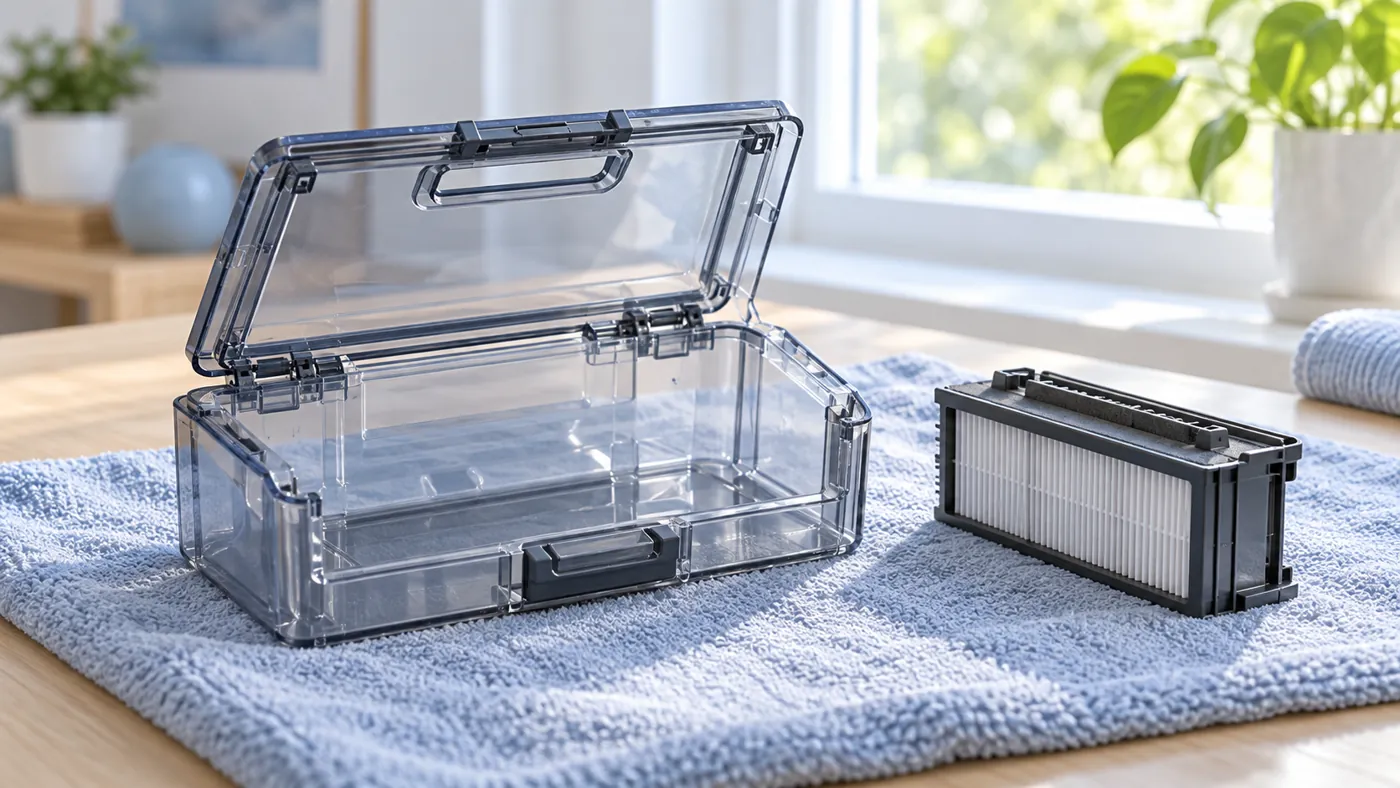 Illustration of a cleaned dust bin drying separately from its filter