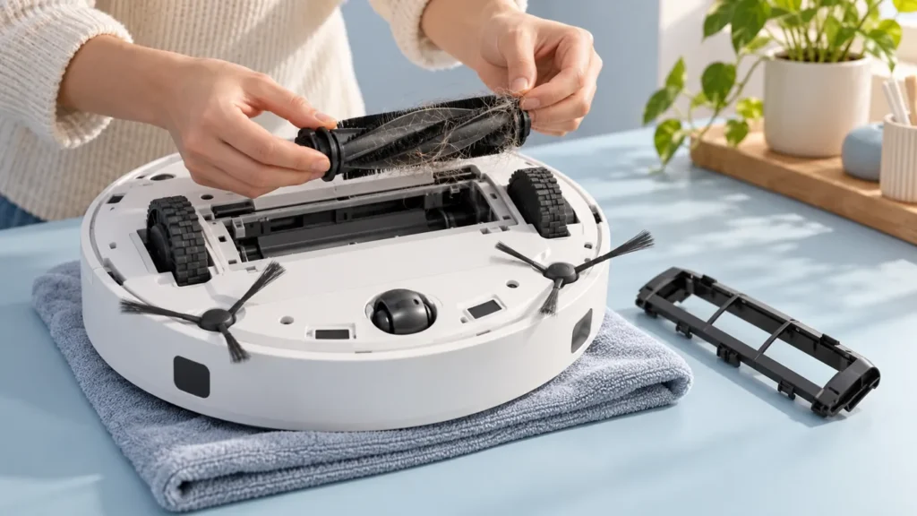 Illustration of inspecting a removed robot vacuum main brush