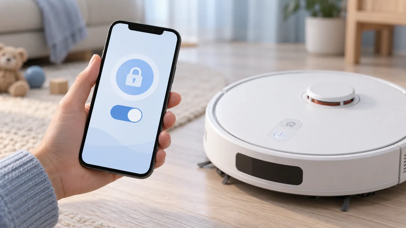 Illustration of reviewing a child-lock setting beside a robot vacuum
