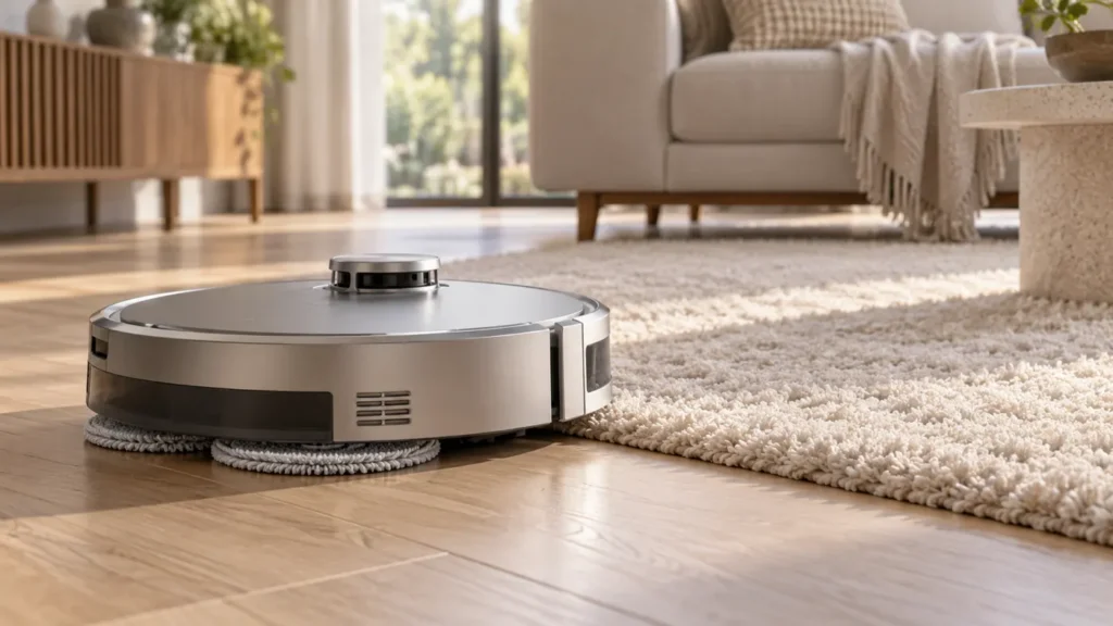 Illustration of a robot vacuum beside a high-pile rug during mopping