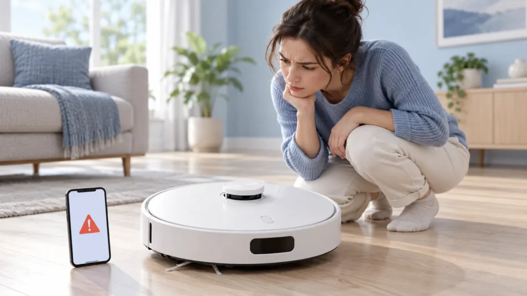 Illustration of inspecting a robot vacuum with a top sensor warning