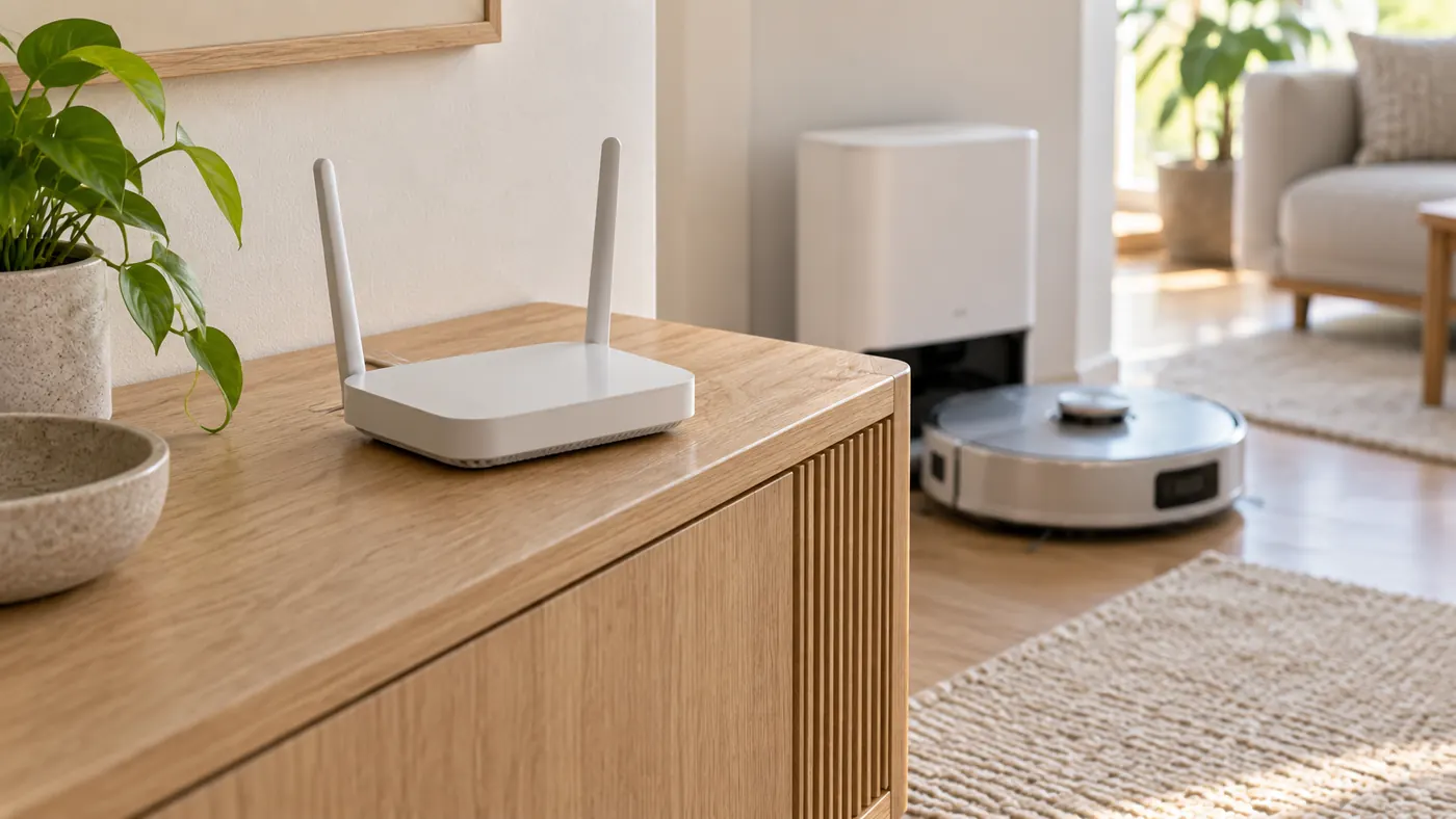 Illustration of a Wi-Fi router near a robot vacuum charging station