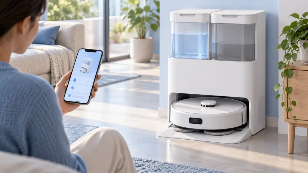 Illustration of checking mop-washing settings beside a robot vacuum station