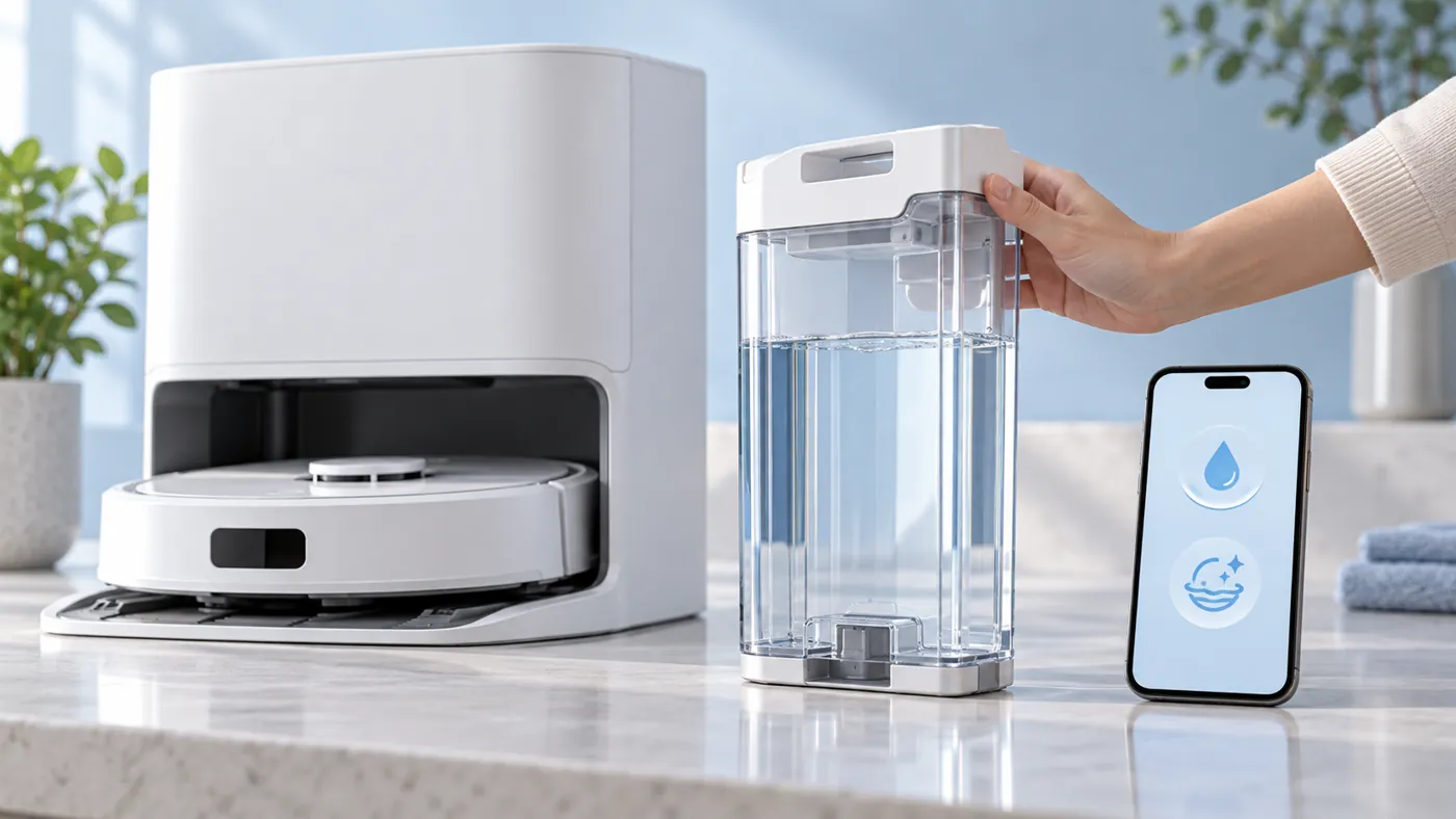 Illustration of a clean-water tank beside a robot mop station