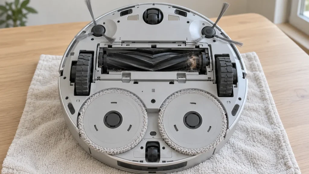 Illustration of a robot vacuum underside with hair around its main roller