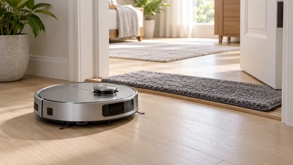 Illustration of a robot vacuum beside a doorway mat and threshold