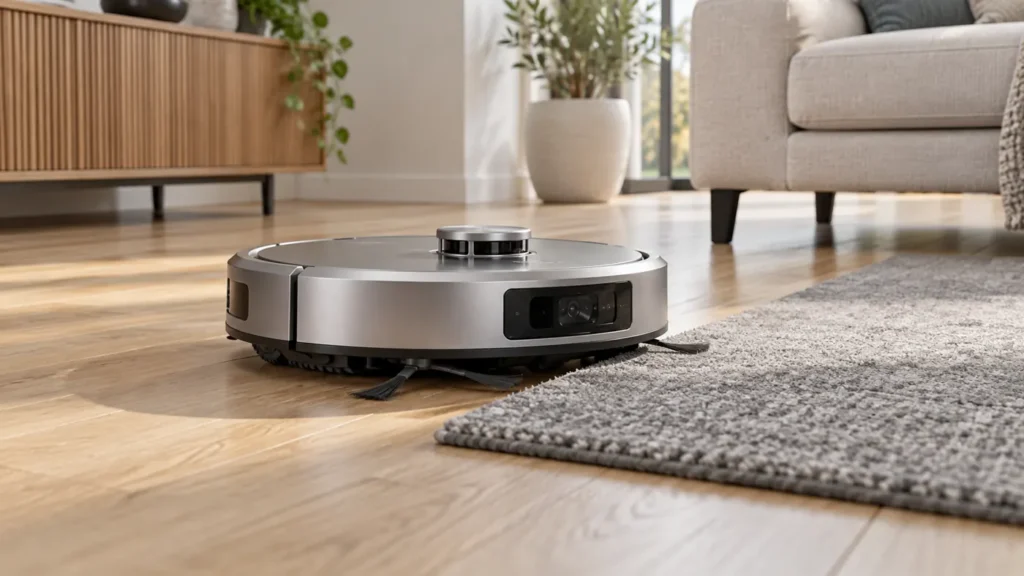 Illustration of a robot vacuum passing between hard floor and a rug