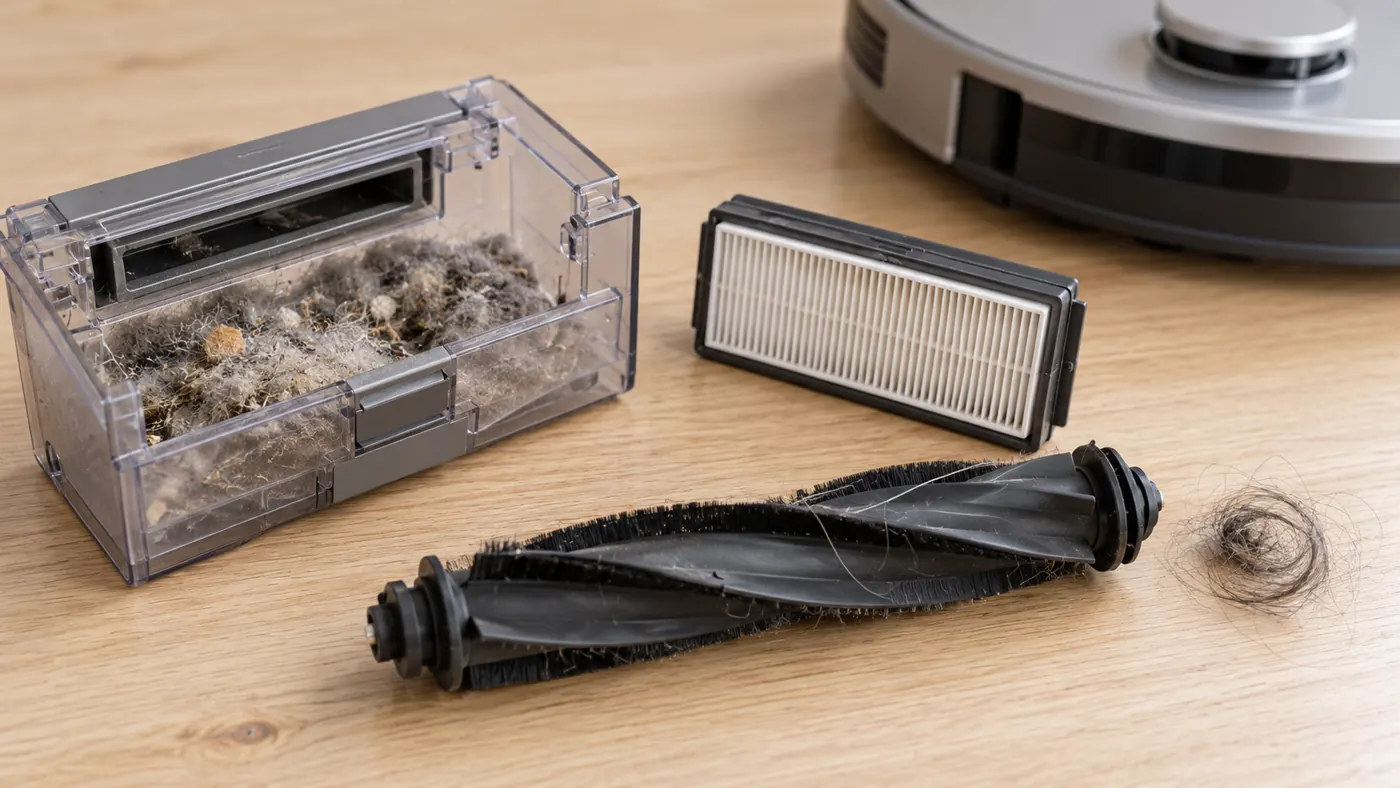 Illustration of a dustbin, dry filter and main roller for noise troubleshooting