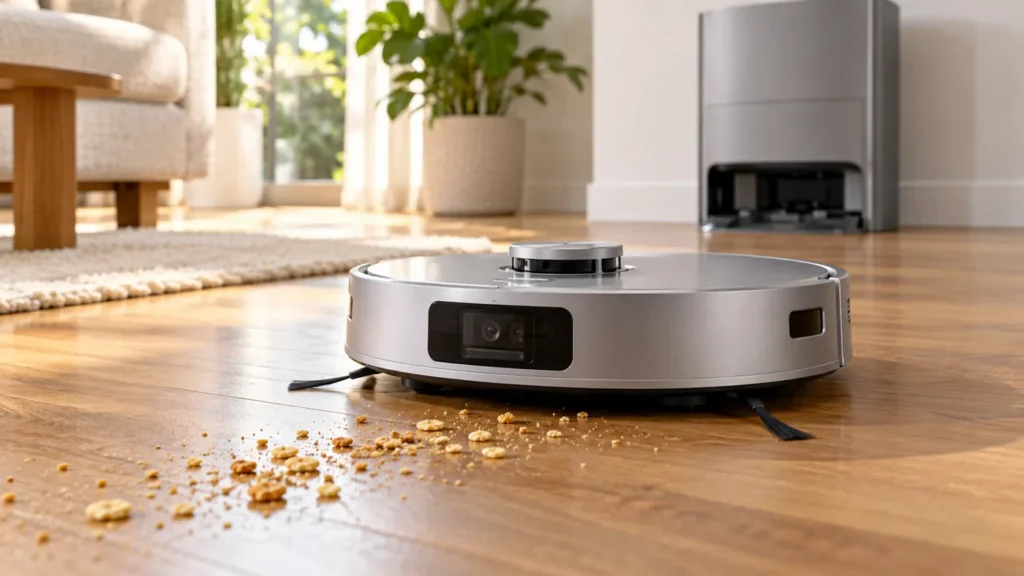 Illustration of a silver robot vacuum approaching dry crumbs