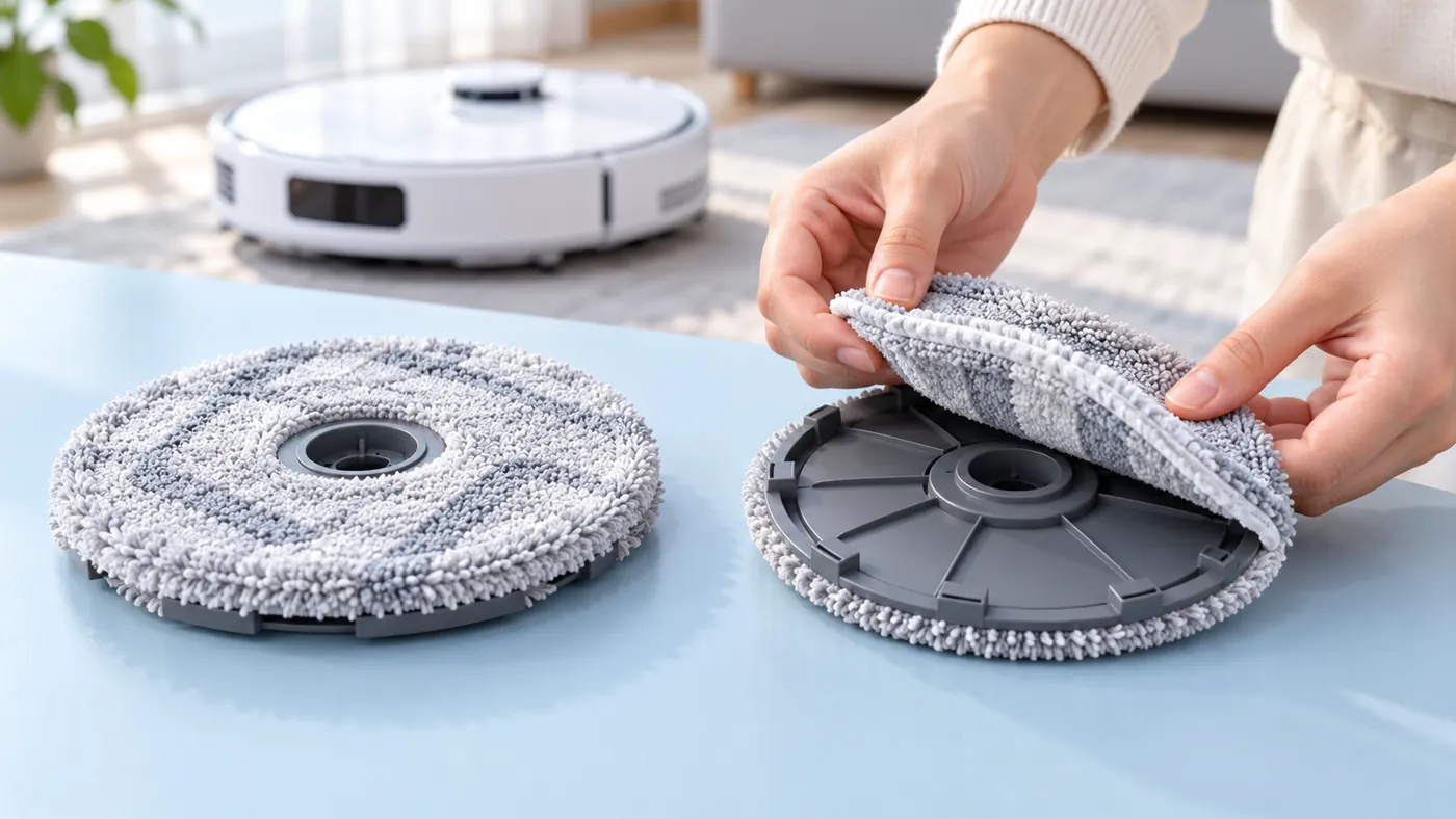 Illustration of checking cloth alignment on removable mop-pad plates