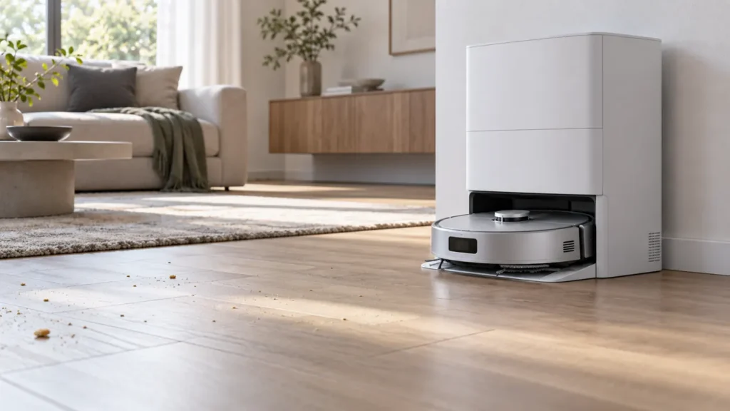Illustration of a robot vacuum docked while a cleaning task remains unfinished