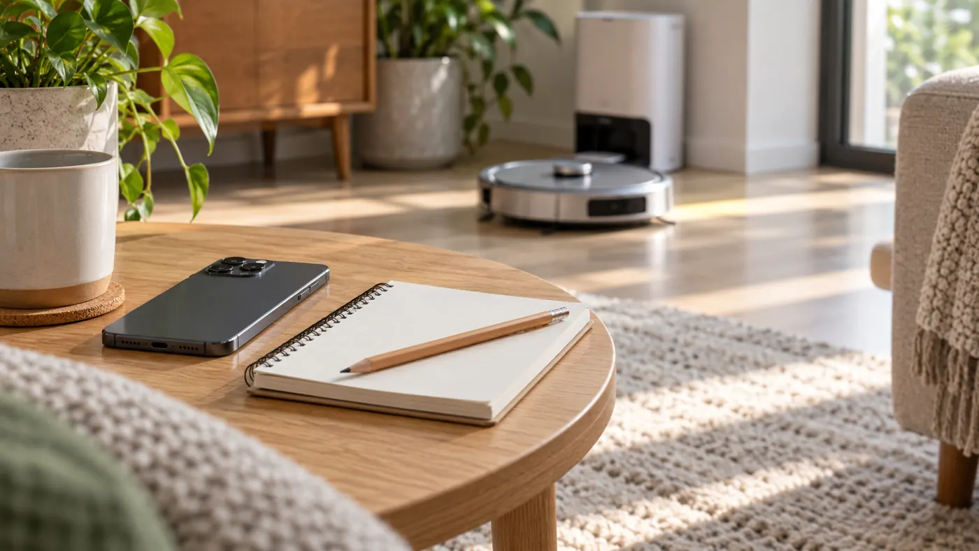 Illustration of a phone and notebook for recording cleaning settings and return times