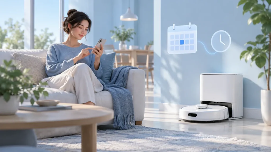 Illustration of checking a cleaning schedule beside a robot vacuum station