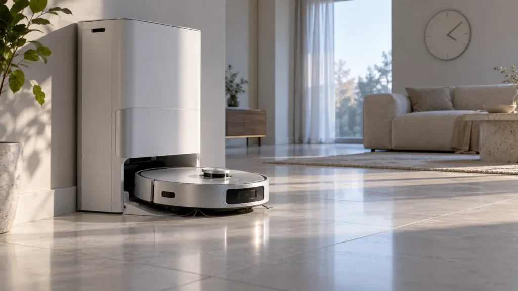 Illustration of a robot vacuum leaving its dock in the morning