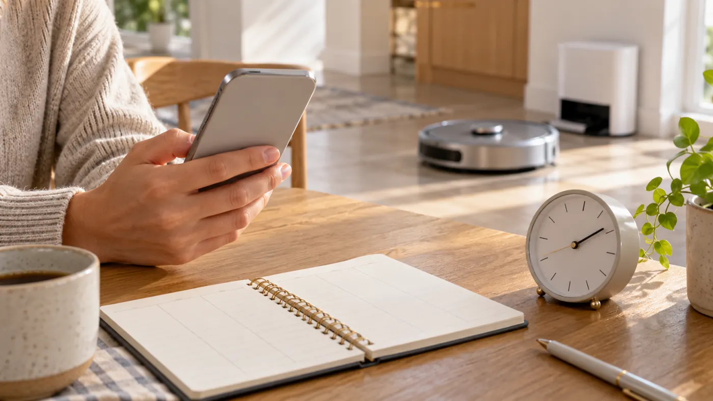 Illustration of reviewing robot cleaning times with a phone, clock and planner