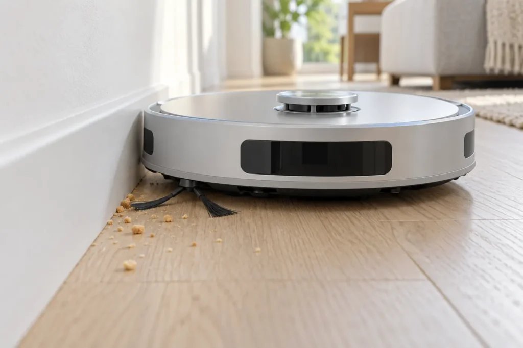 Illustration of a robot vacuum side brush beside debris along a wall