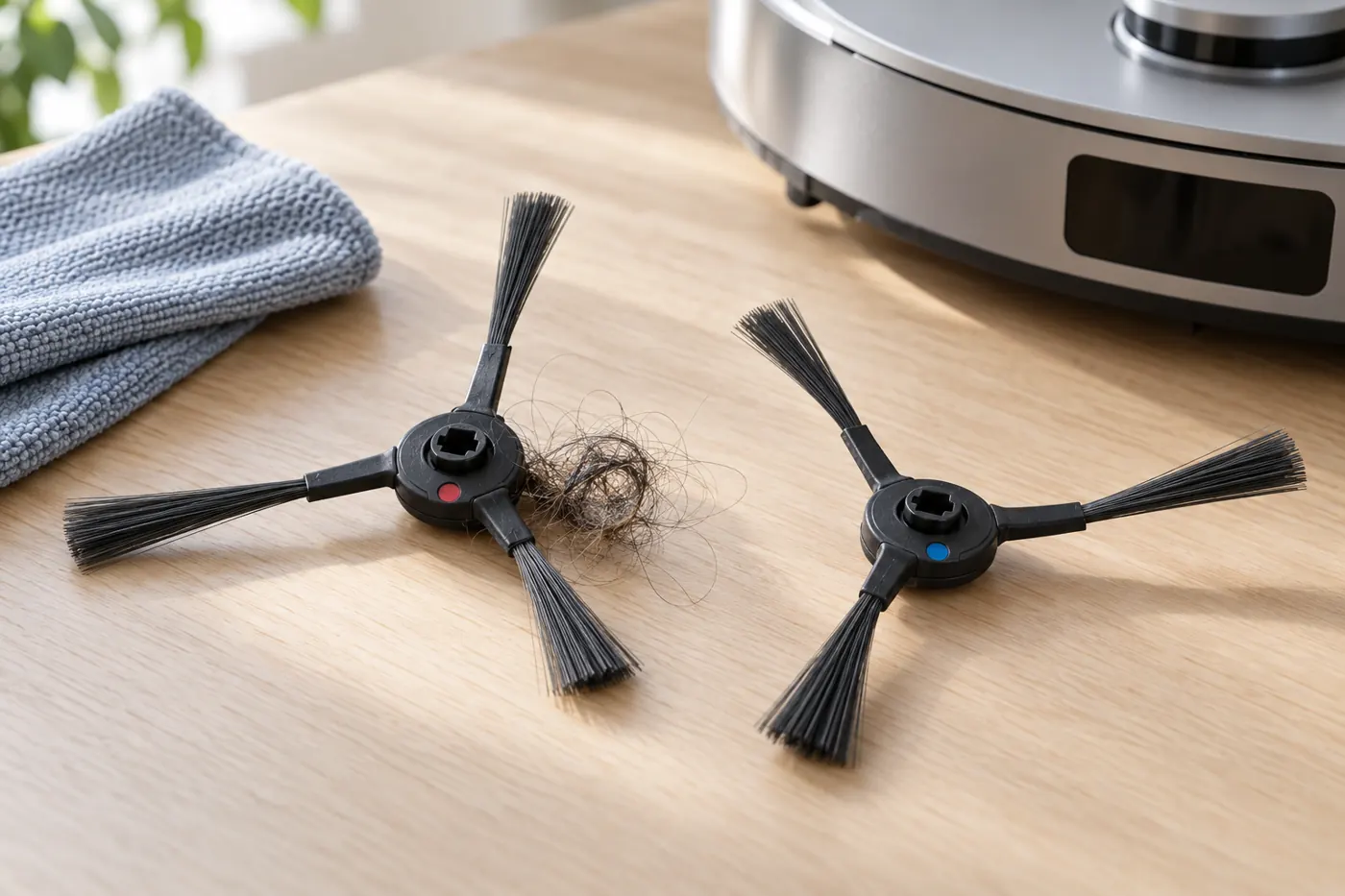 Illustration of removed side brushes and hair around a brush hub