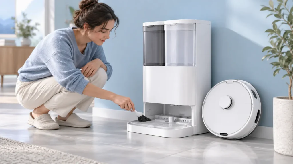 Illustration of cleaning an accessible robot mop station wash area