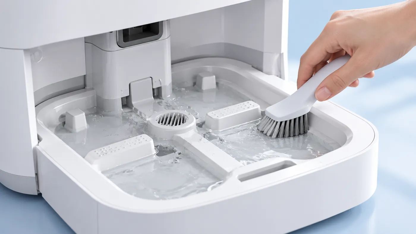 Illustration of brushing a robot mop station cleaning sink