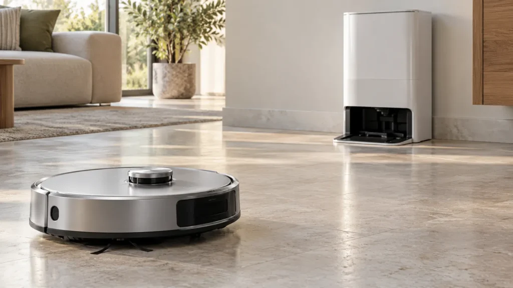 Illustration of a robot vacuum near its station during a connection check