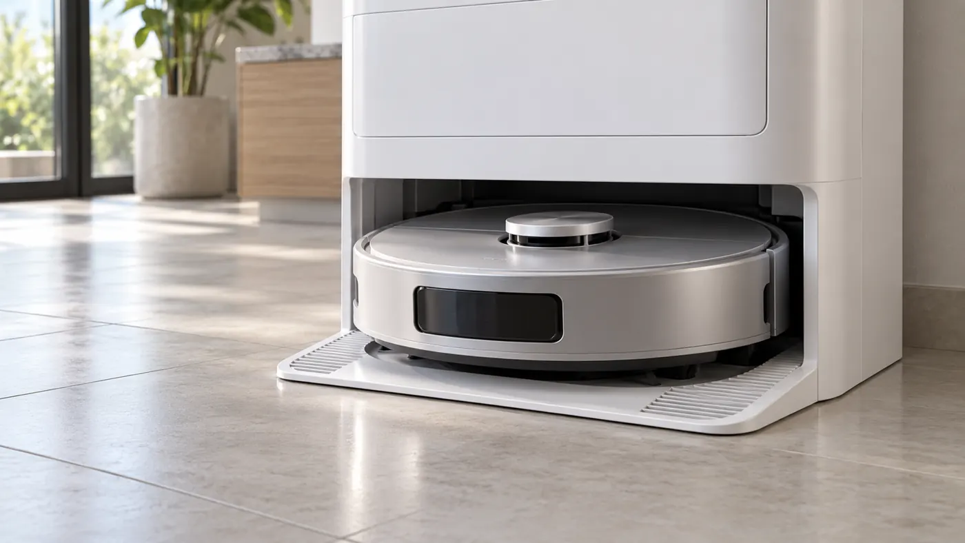 Illustration of a robot vacuum correctly seated in its charging station