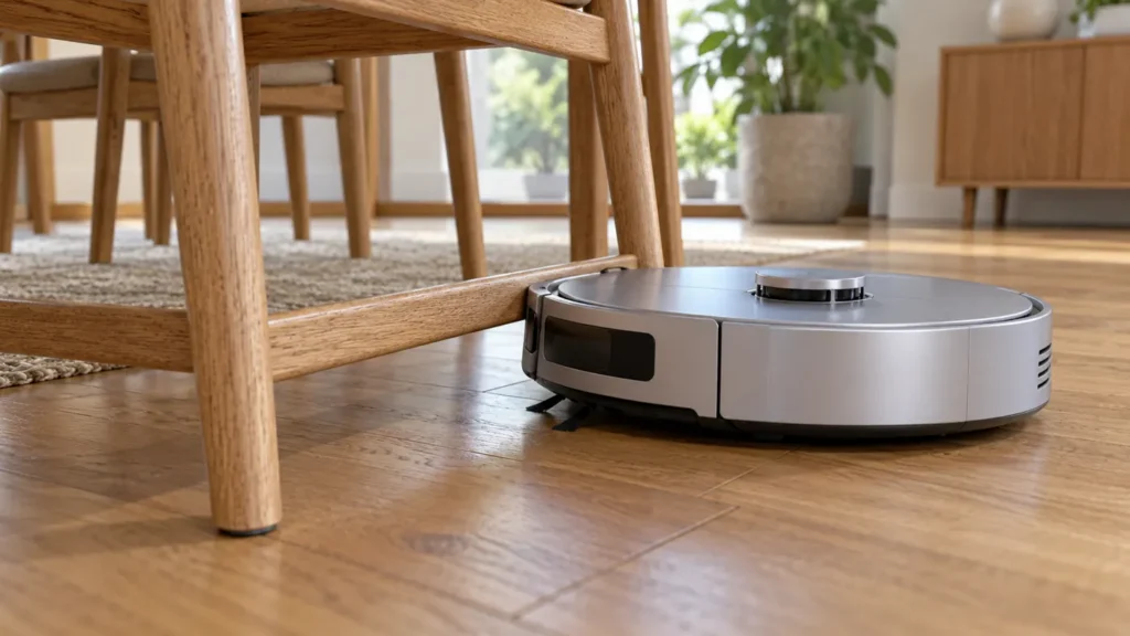 Illustration of a robot vacuum stopped against a low chair crossbar