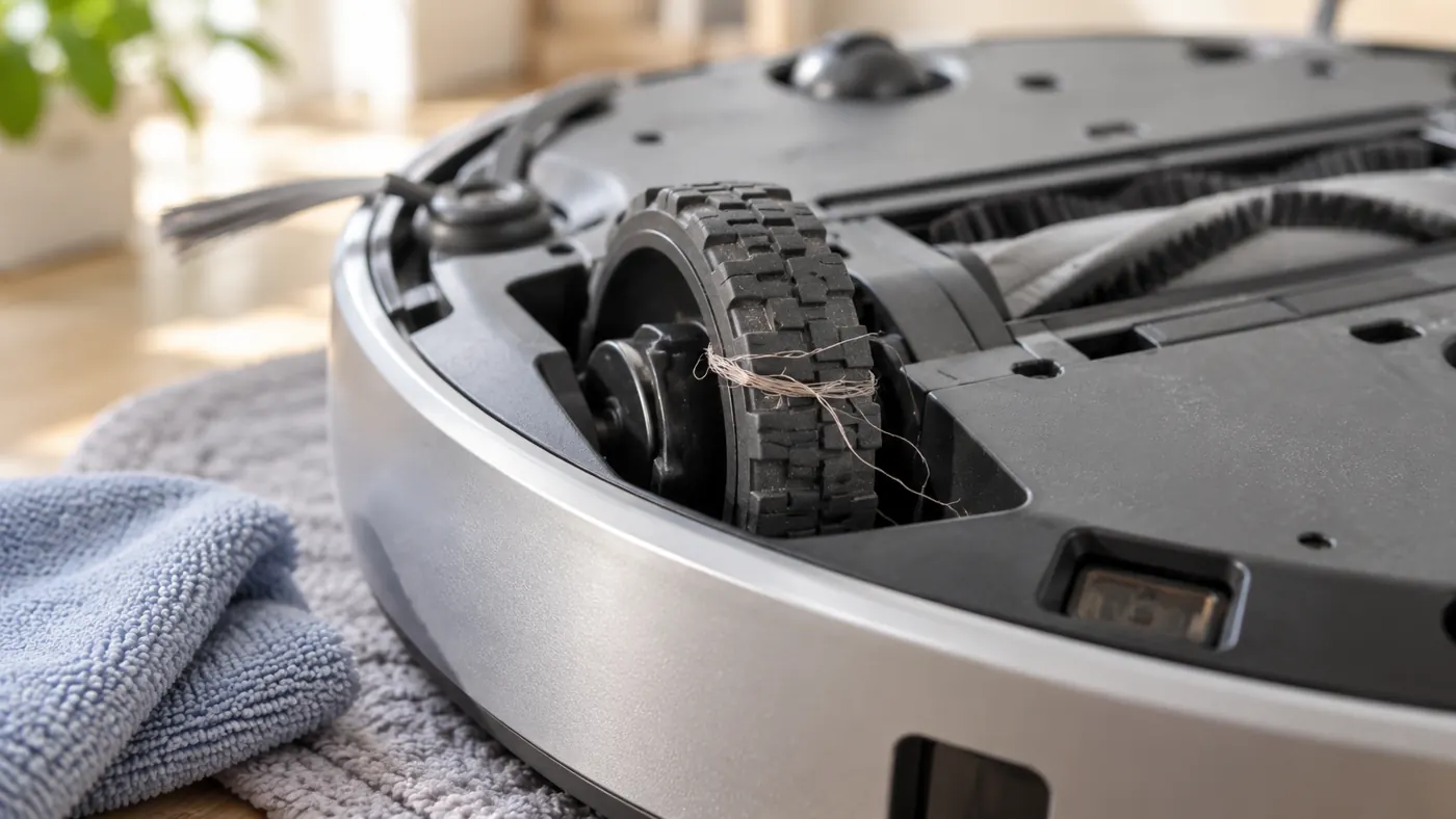 Illustration of thread around a robot vacuum drive wheel