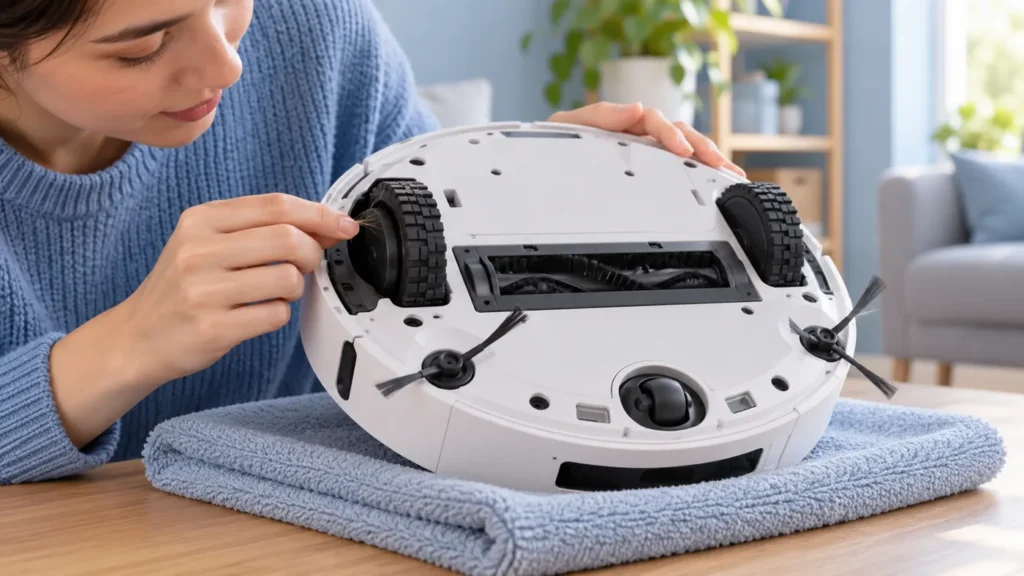 Illustration of inspecting debris beside a robot vacuum driving wheel