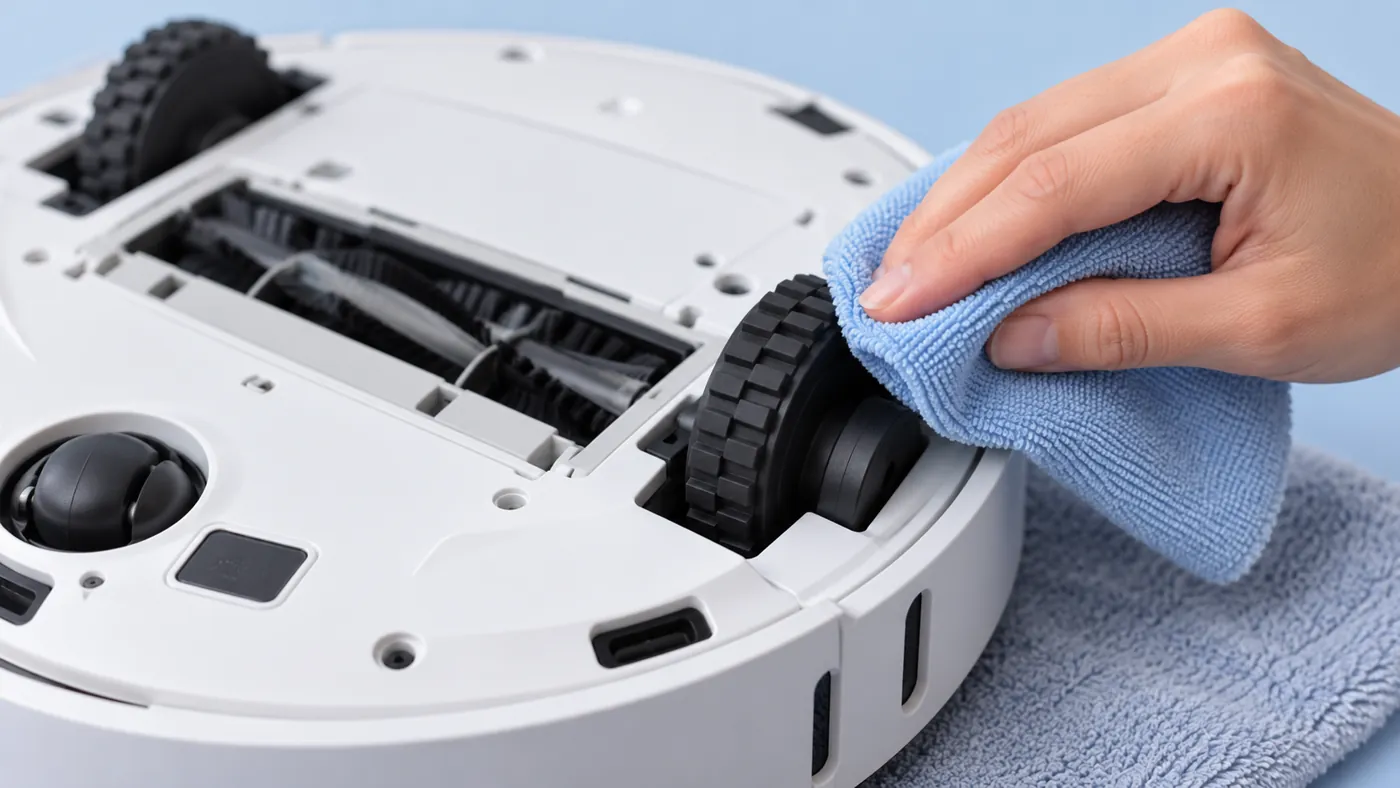 Illustration of wiping an accessible robot vacuum wheel tread