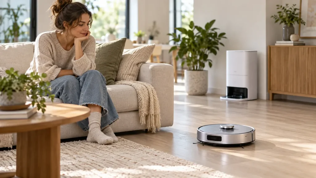 Illustration of a person addressing a robot vacuum in a quiet room