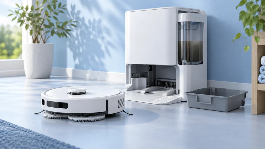 White robot vacuum and washing dock with removable dirty-water tray