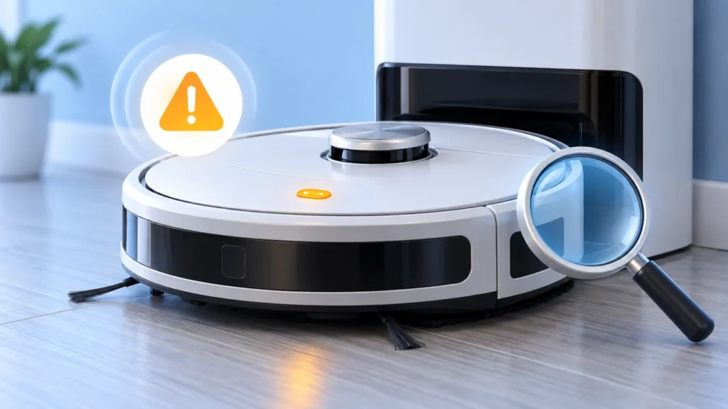 Robot vacuum with generic alert symbol and magnifying glass