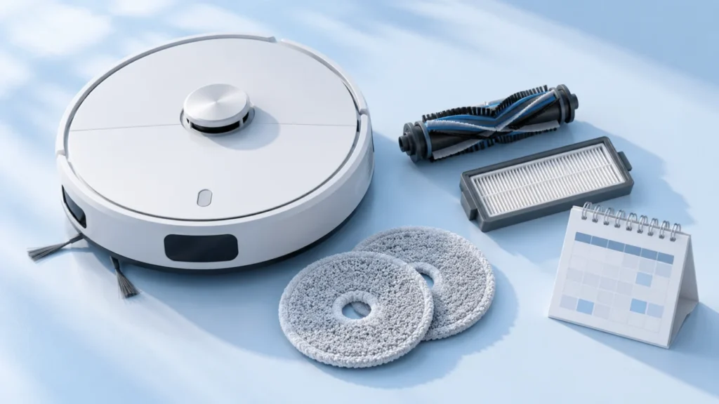 Robot vacuum with brushes, filter, mop pads and maintenance calendar